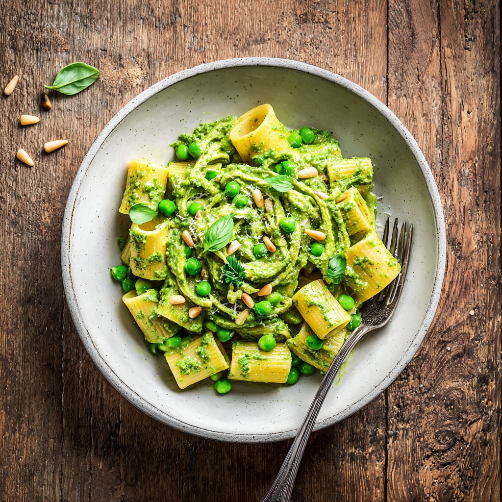 Vegan Pesto and Pea Rigatoni